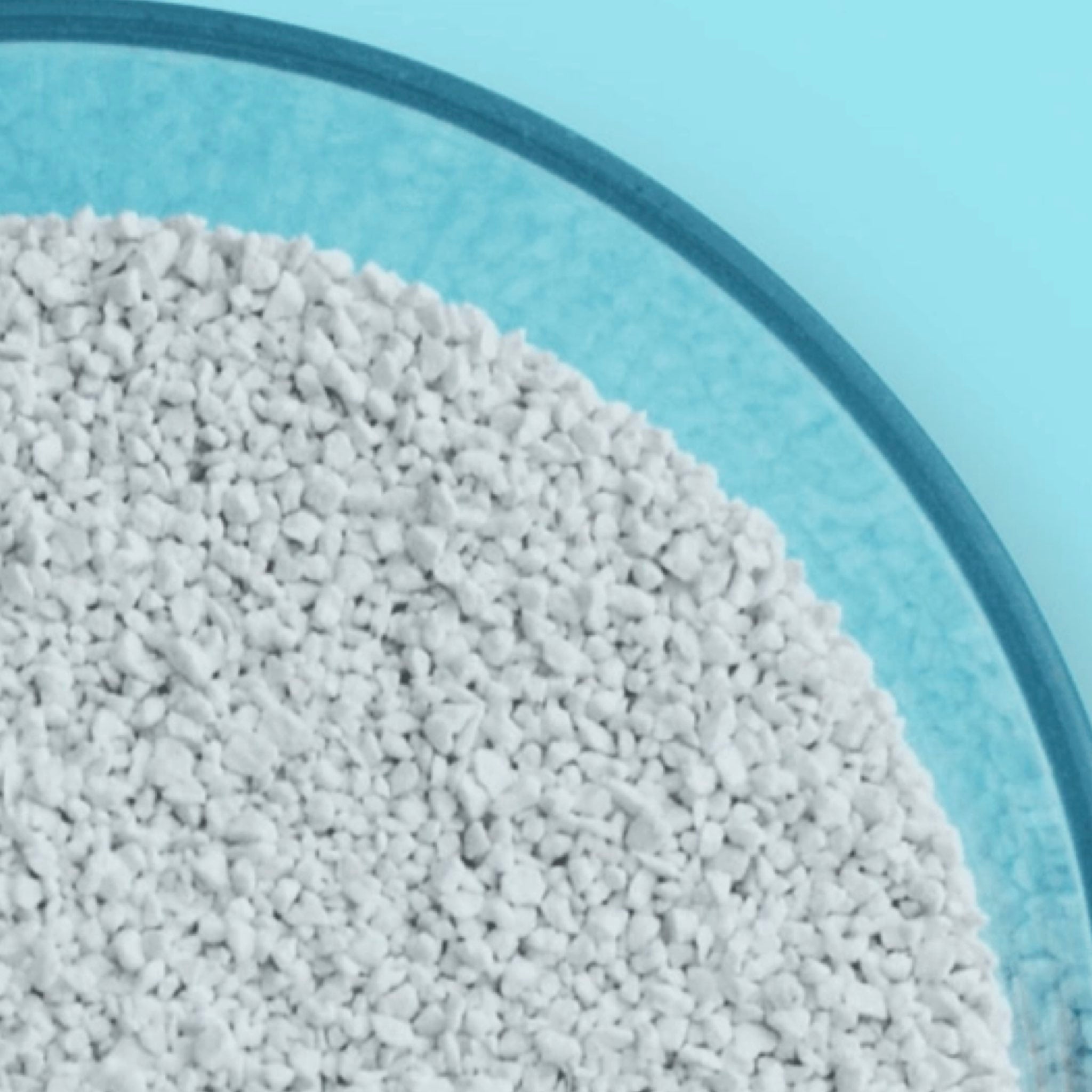 Nahaufnahme von hellem Granulat in einer Glasschale vor hellblauem Hintergrund (BAYROL Aquabrome® Oxidizer)