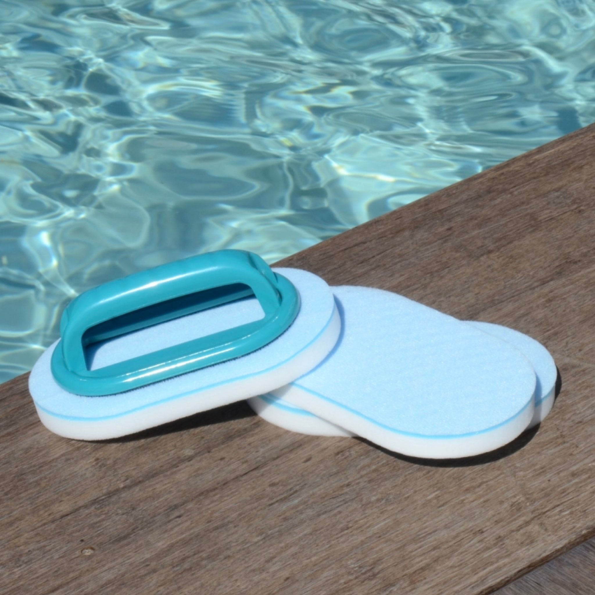 BAYROL Bürste für Wasserlinie – Handbürste am Poolrand mit Wasserlinie im Hintergrund