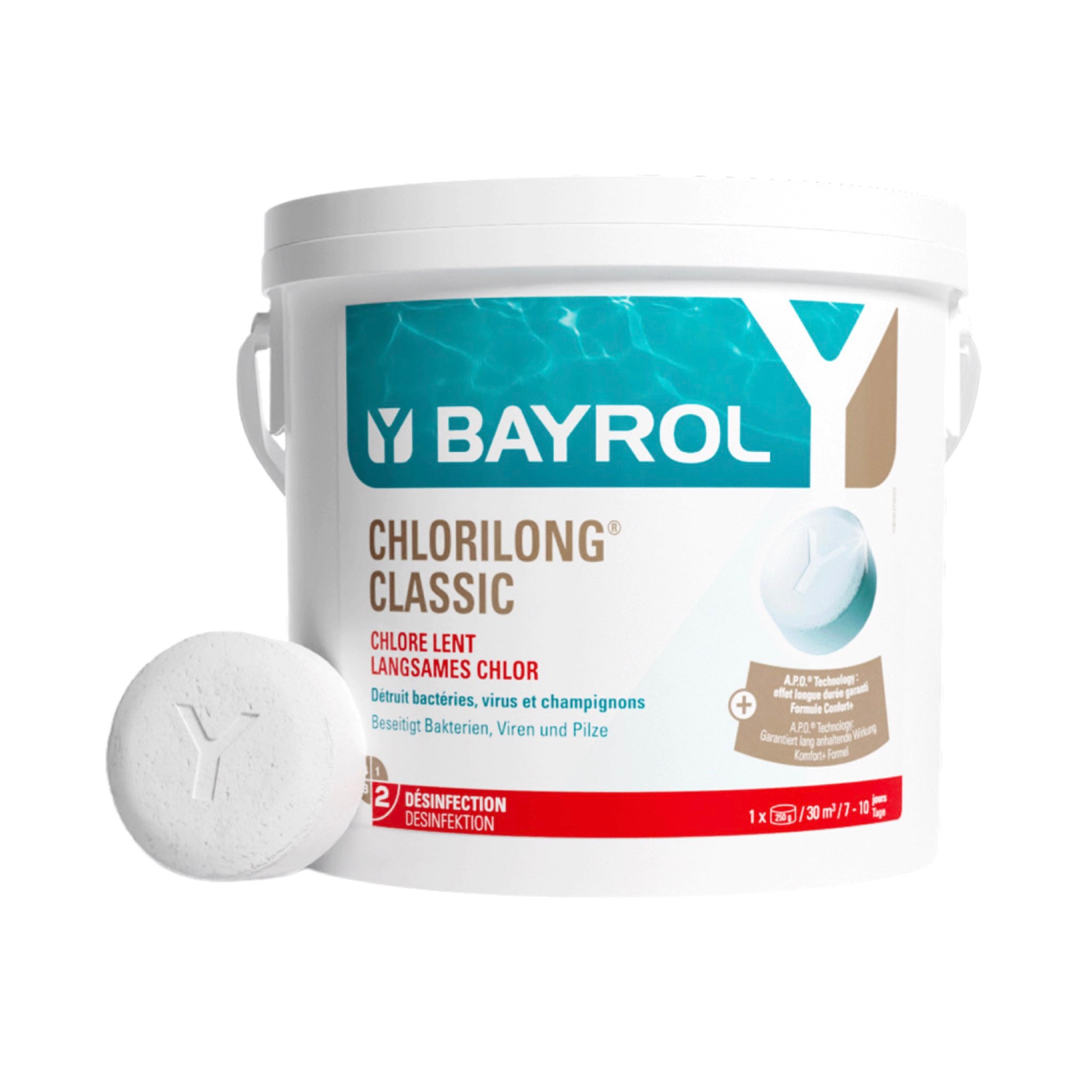 BAYROL Chlorilong Classic – Gebinde mit 250 g Chlortabletten vor weißem Hintergrund