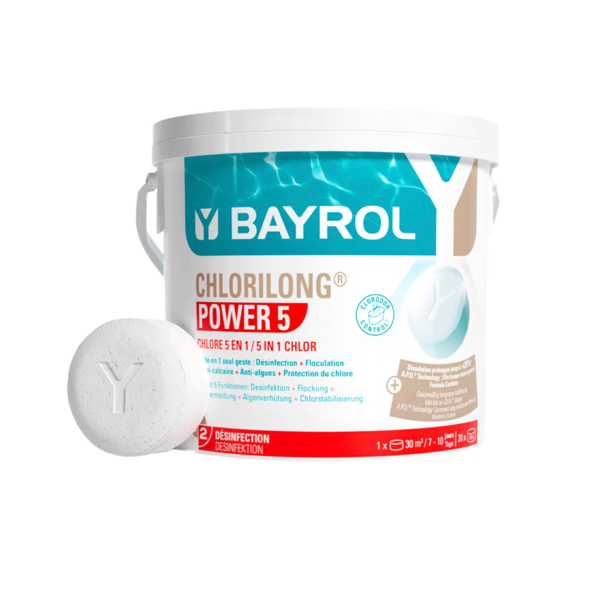 BAYROL Chlorilong POWER 5 – 5 kg Gebinde vor weißem Hintergrund