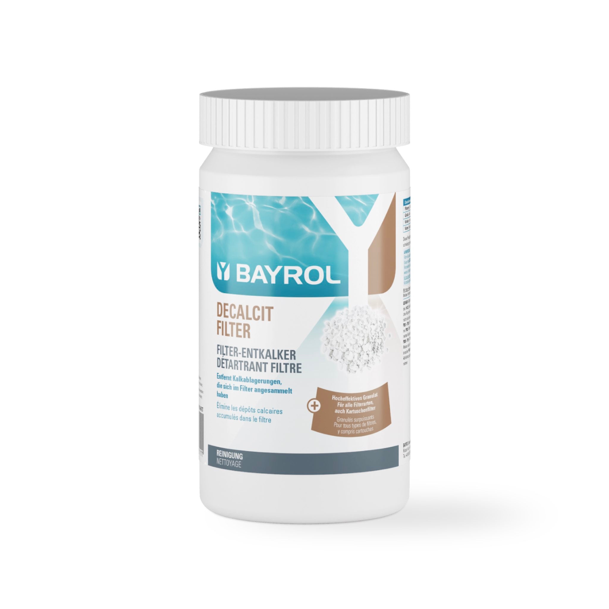 BAYROL Decalcit Filter 1 kg – Dose Filter-Entkalker vor weißem Hintergrund