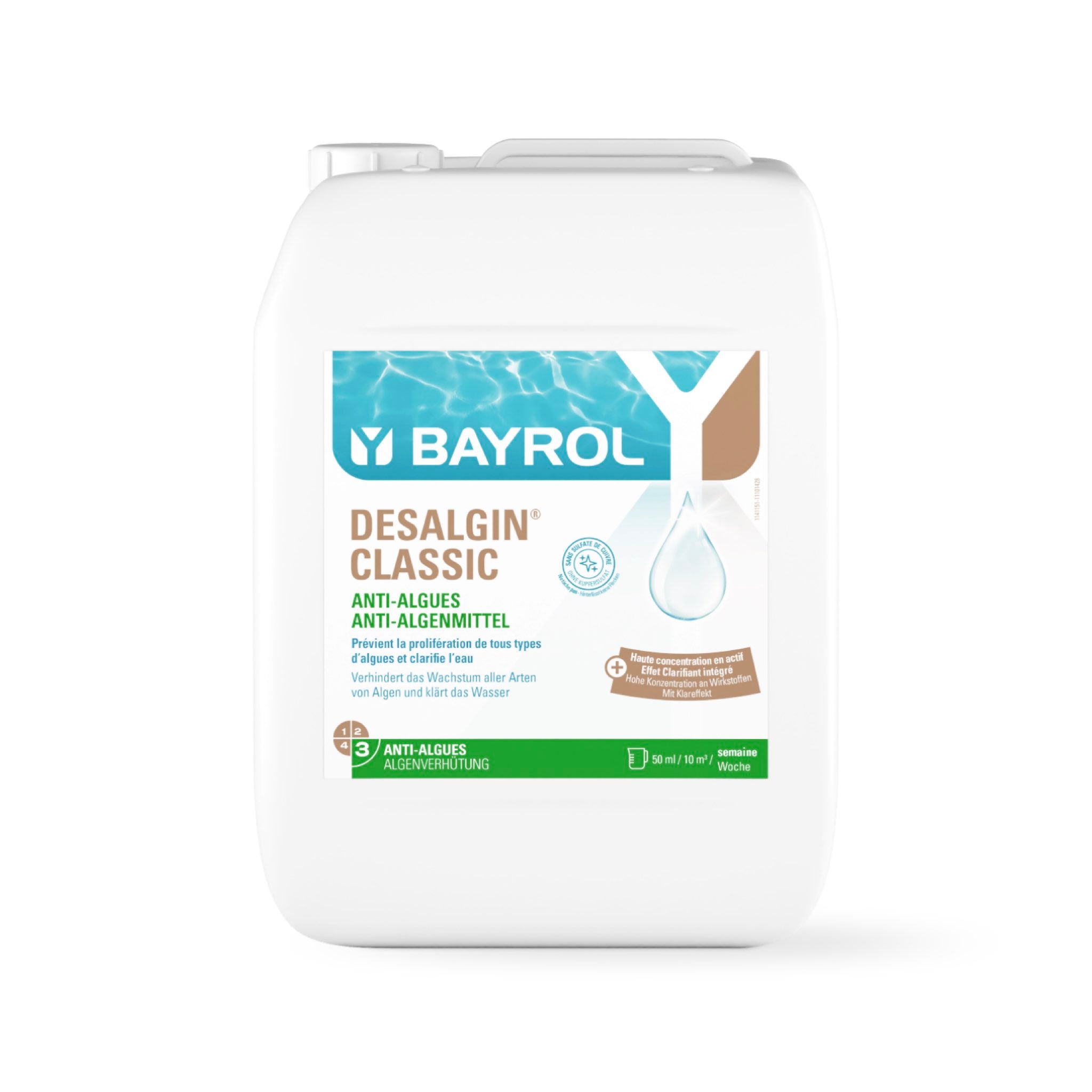 BAYROL Desalgin® Classic 10 L – Flasche vor neutralem Hintergrund