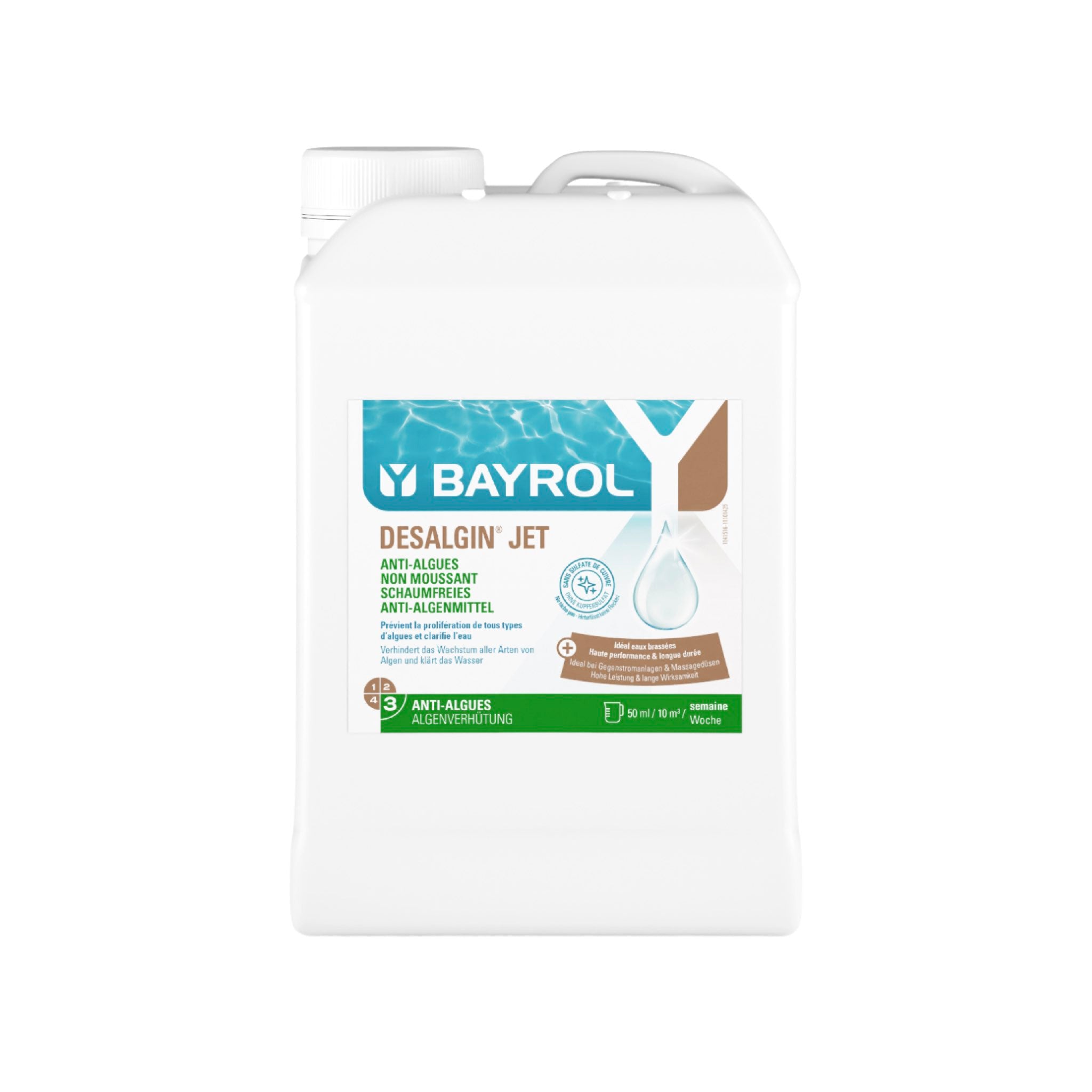 BAYROL Desalgin® Jet 3 L – Kanister vor weißem Hintergrund