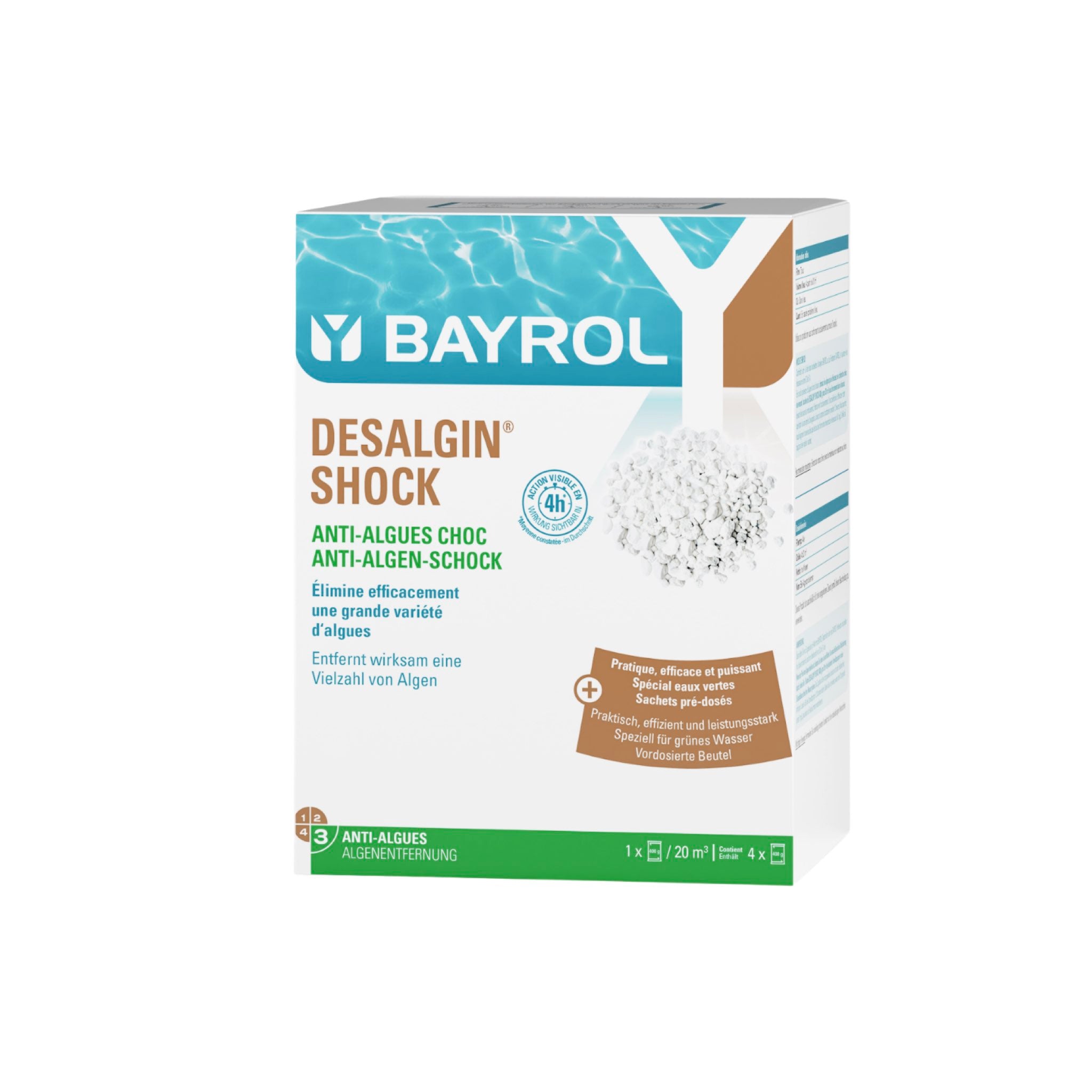 BAYROL Desalgin SHOCK 1,6 kg – Packshot der Box vor weißem Hintergrund