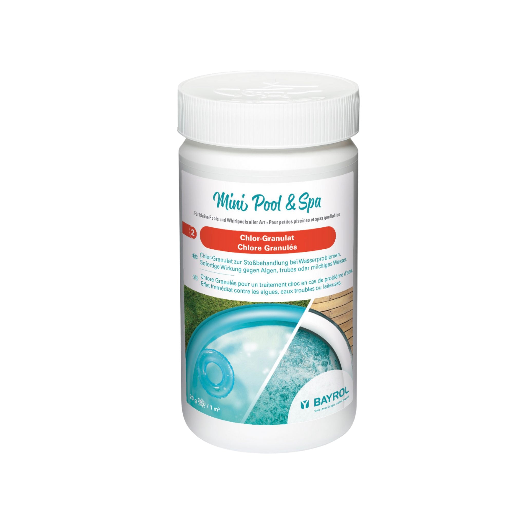 BAYROL Mini Pool&Spa Chlor-Granulat 1 kg – Packshot der Dose vor weißem Hintergrund