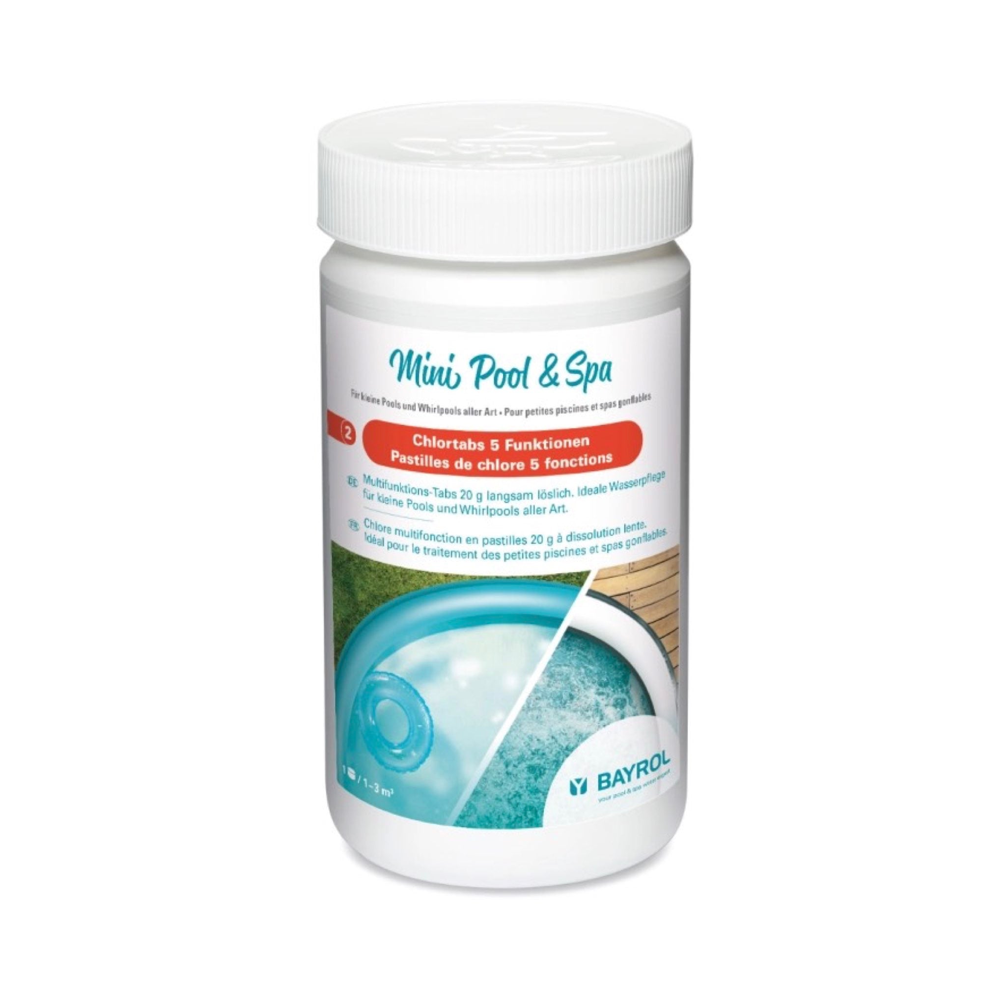 BAYROL Mini Pool&Spa Chlortabs 5 Funktionen 1 kg – Packshot der Dose vor weißem Hintergrund