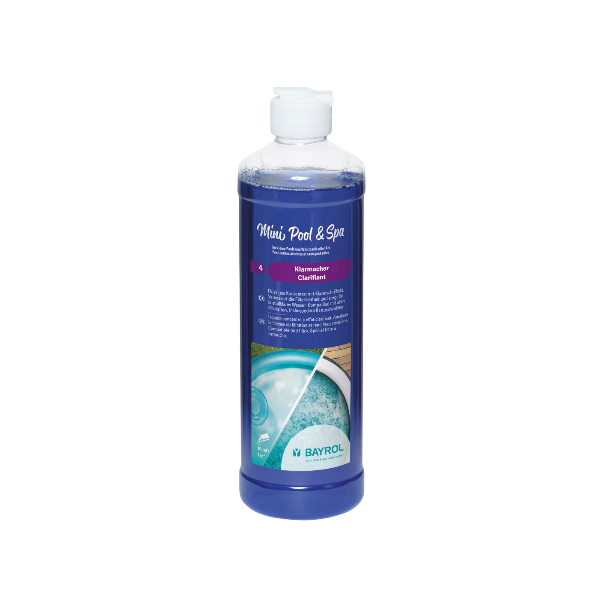 BAYROL Mini Pool&Spa Klarmacher 0,5 L – Packshot der Flasche vor weißem Hintergrund