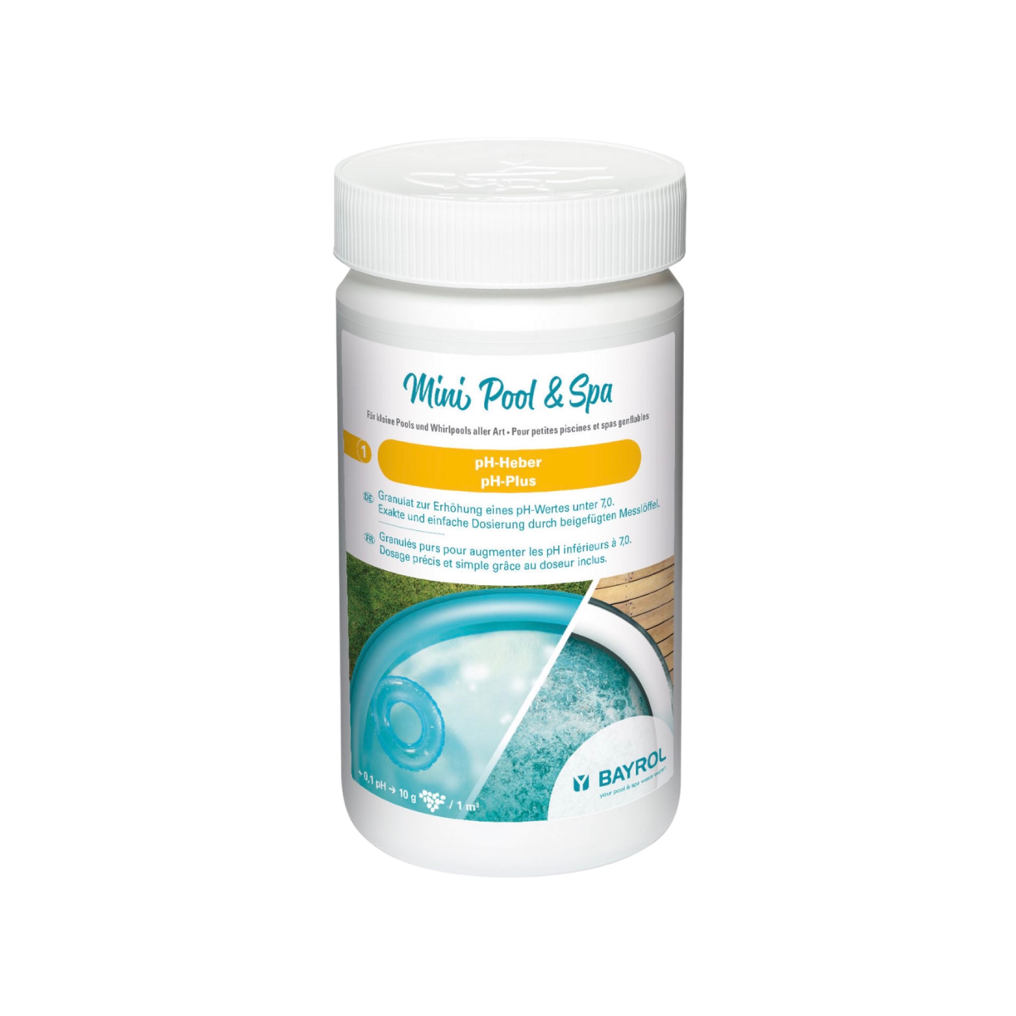 BAYROL Mini Pool&Spa pH-Heber 1 kg – Packshot der Dose vor weißem Hintergrund