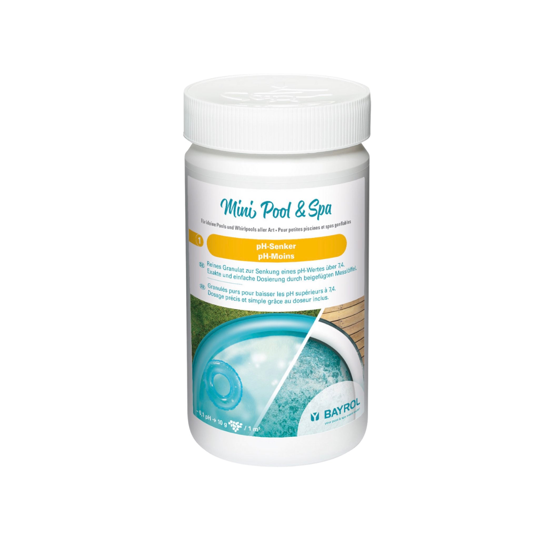 BAYROL Mini Pool&Spa pH-Senker 1,5 kg – Packshot der Dose vor weißem Hintergrund