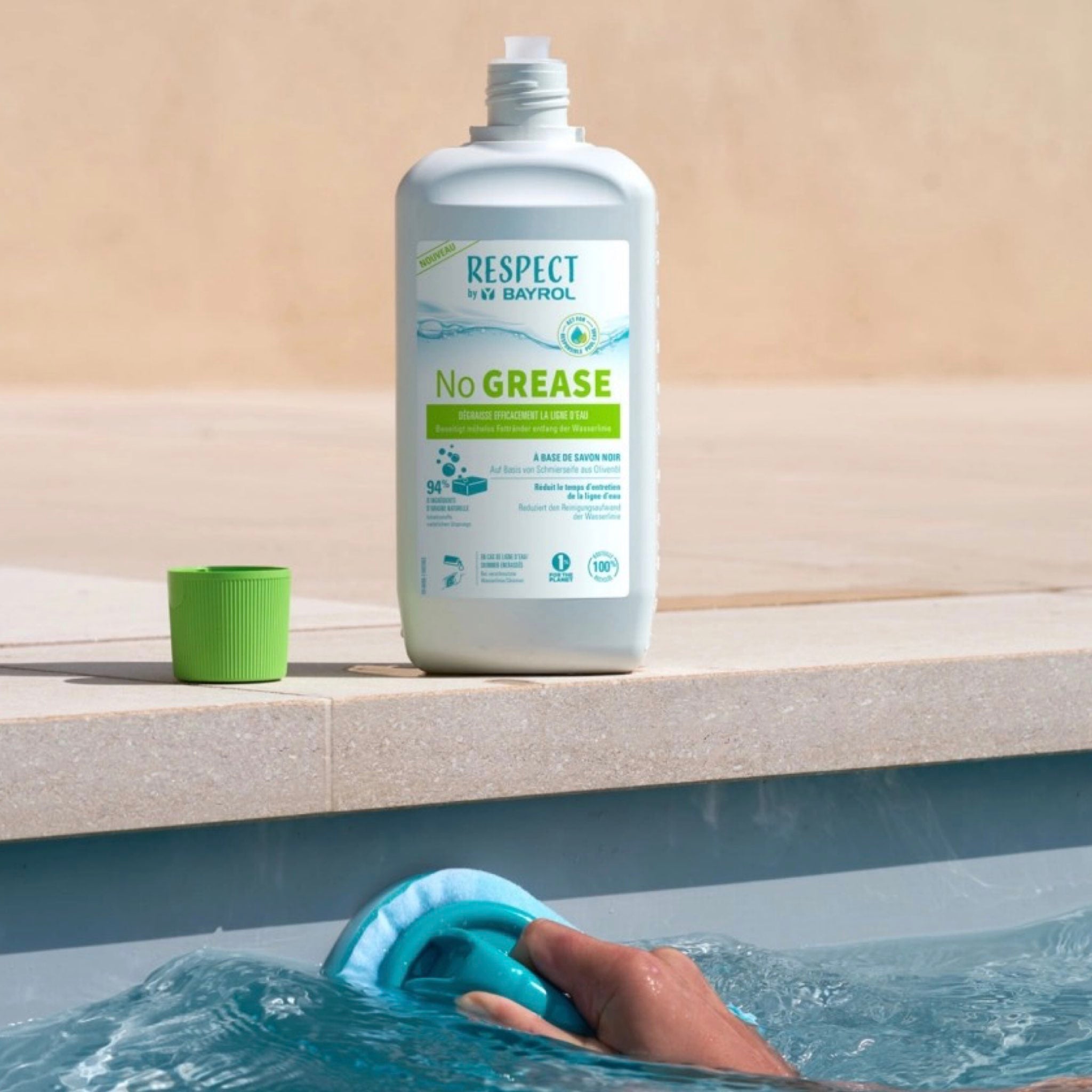BAYROL No GREASE Respect 1 L – Flasche am Poolrand zur Reinigung der Wasserlinie