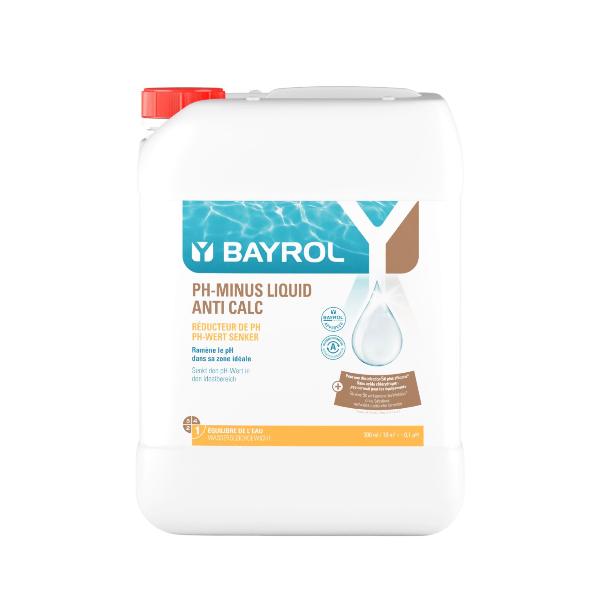 BAYROL pH-Minus Liquid Anti Calc 20 L – Kanister-Packshot vor weißem Hintergrund