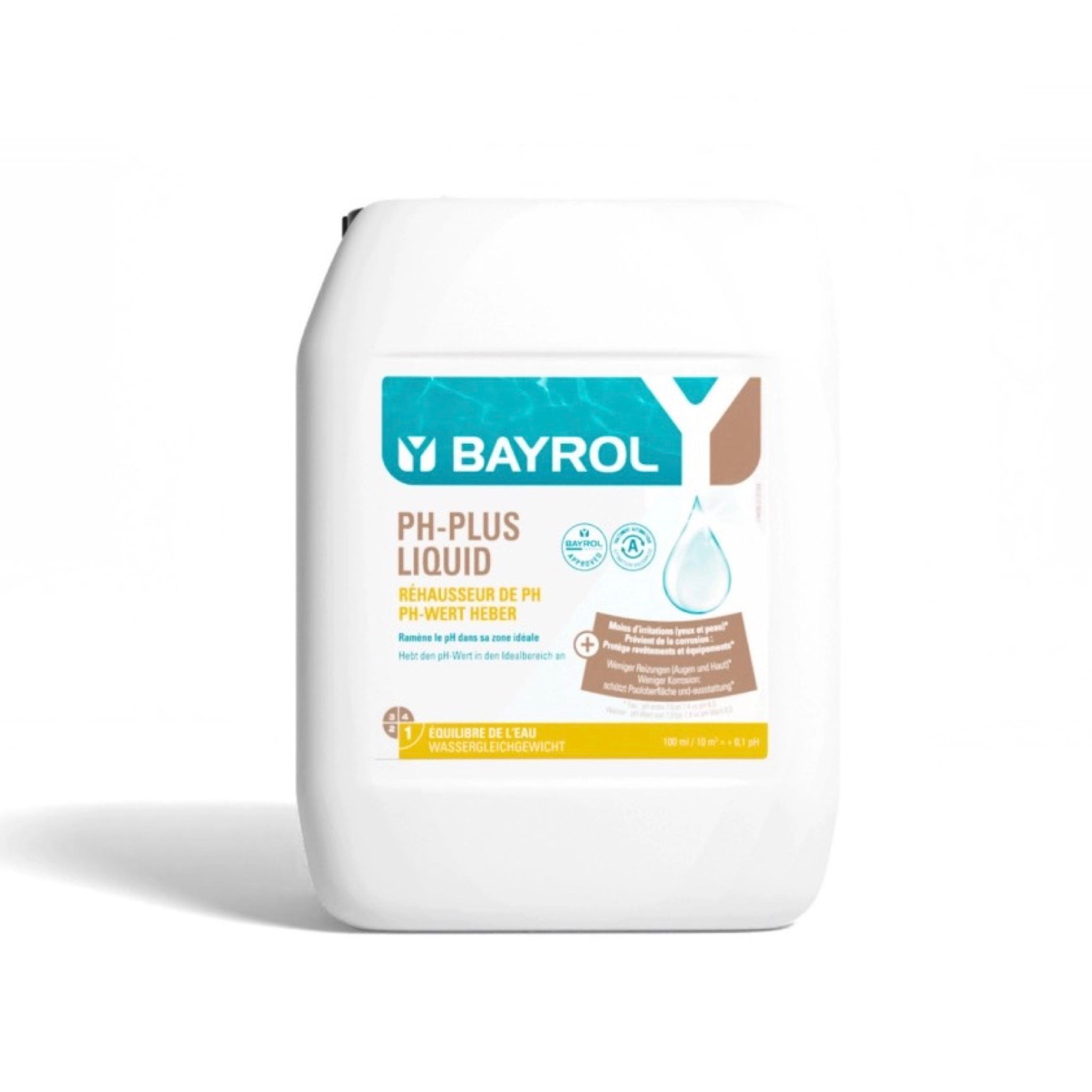 BAYROL pH-Plus flüssig 20 L – Kanister-Packshot vor weißem Hintergrund