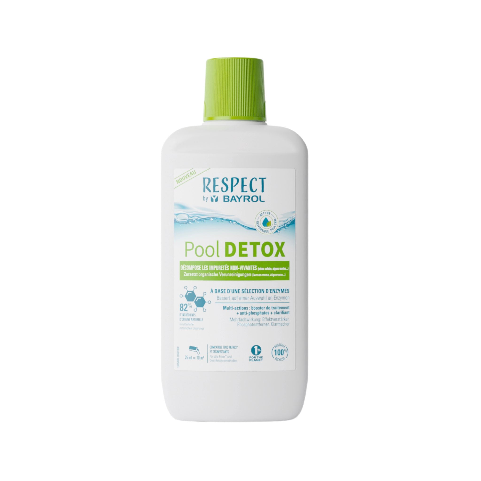 BAYROL Pool DETOX Respect 1 L – Packshot der Flasche vor weißem Hintergrund
