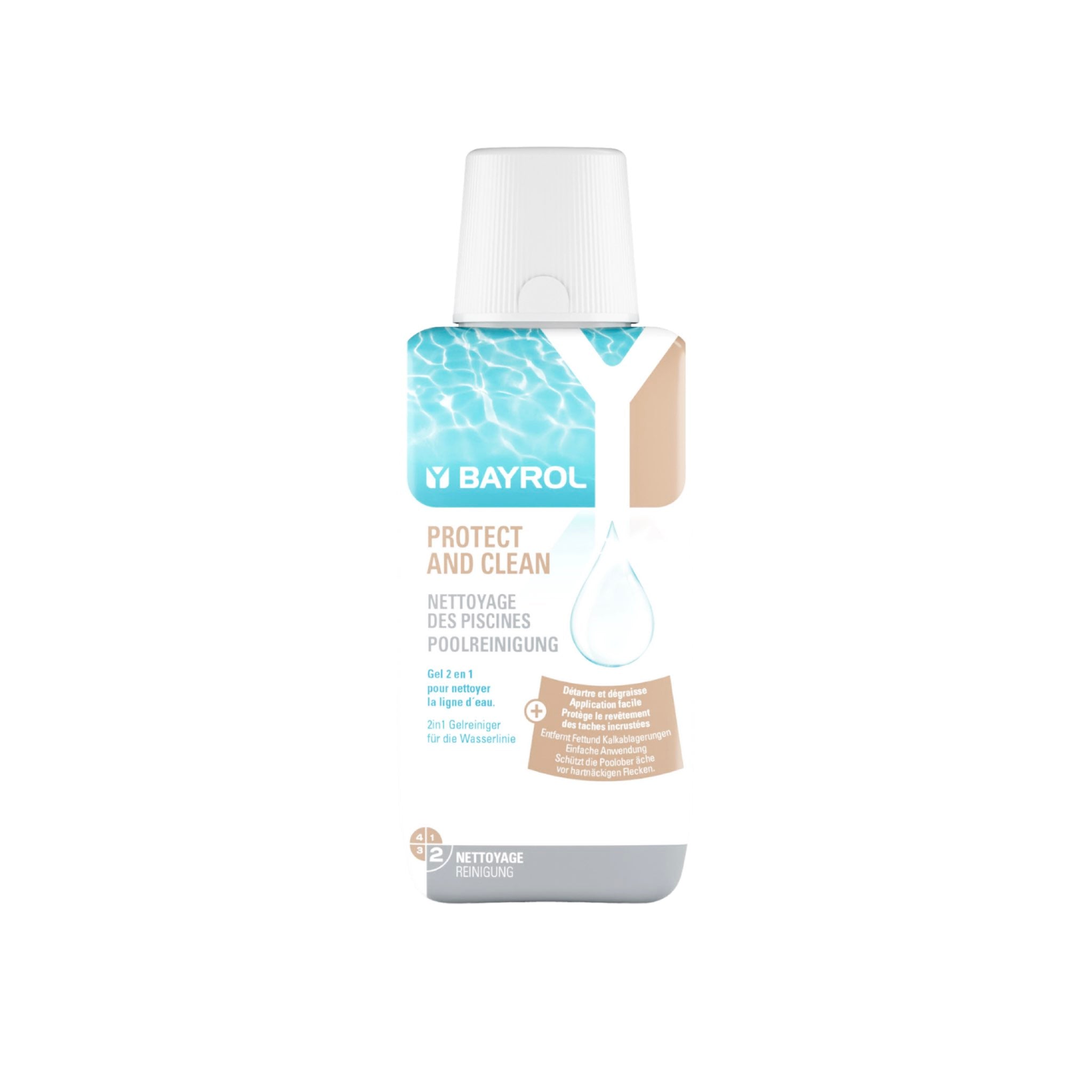 BAYROL Protect & Clean 0,35 L – Packshot der Flasche vor weißem Hintergrund