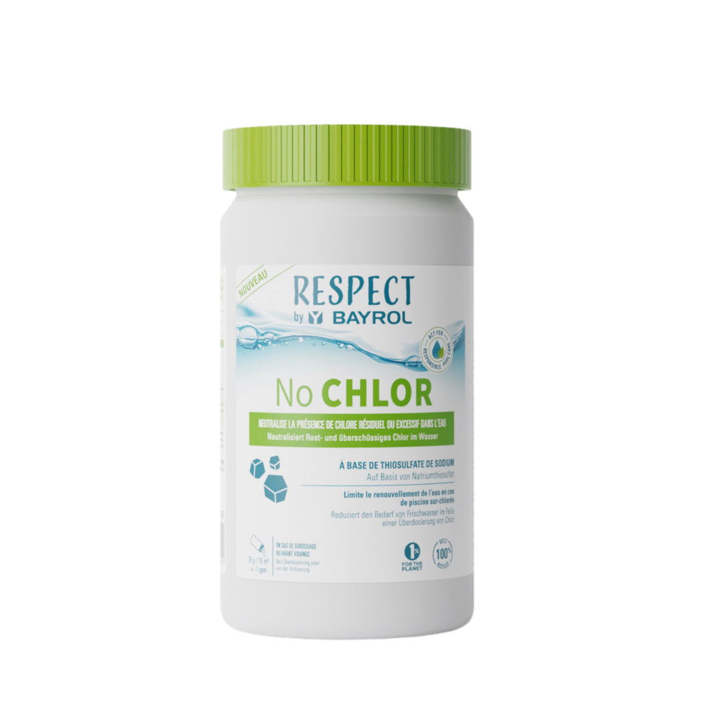 BAYROL Respect No Chlor – chlorfreie Wasserpflege, Packshot der Dose vor weißem Hintergrund