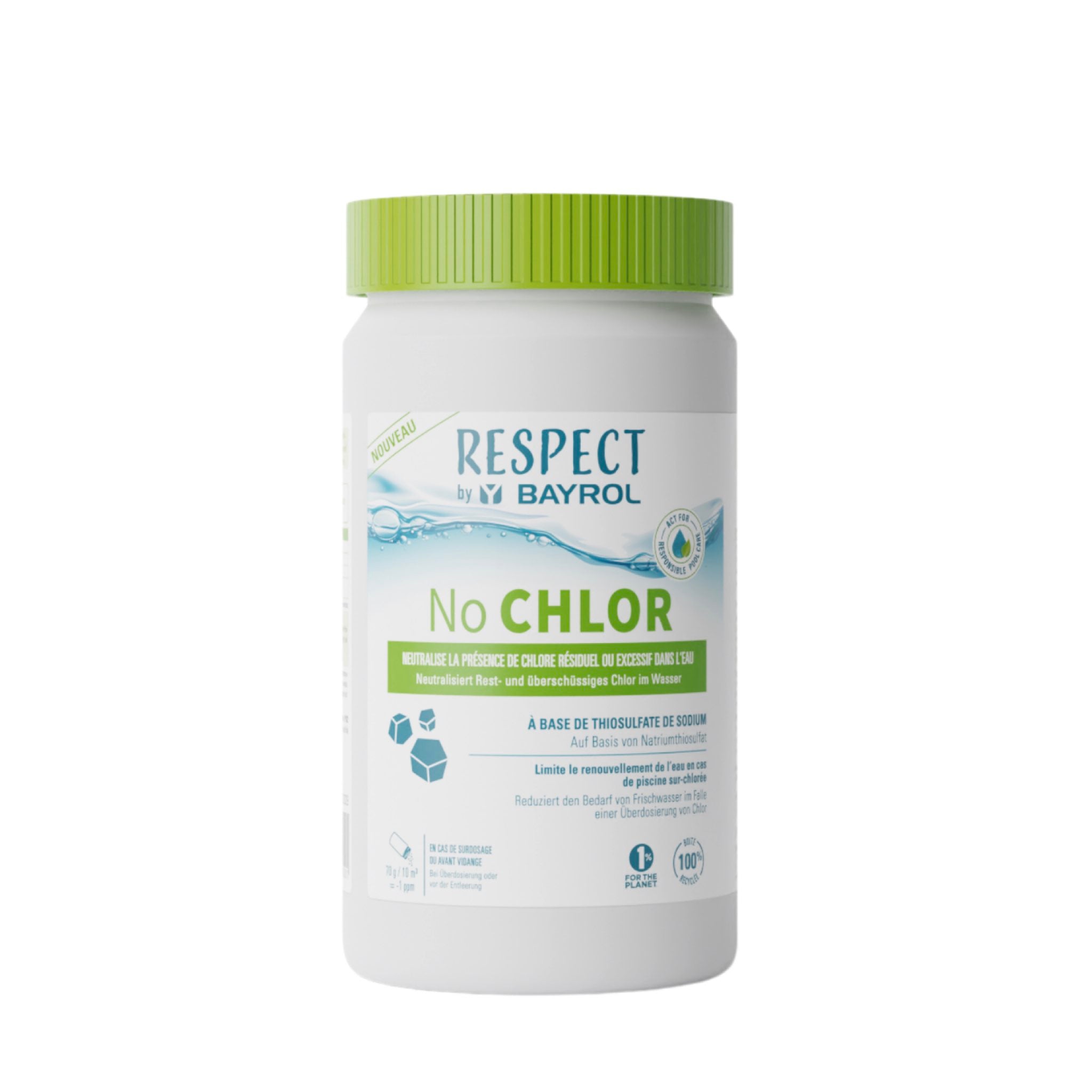 BAYROL Respect No Chlor – chlorfreie Wasserpflege, Packshot der Dose vor weißem Hintergrund