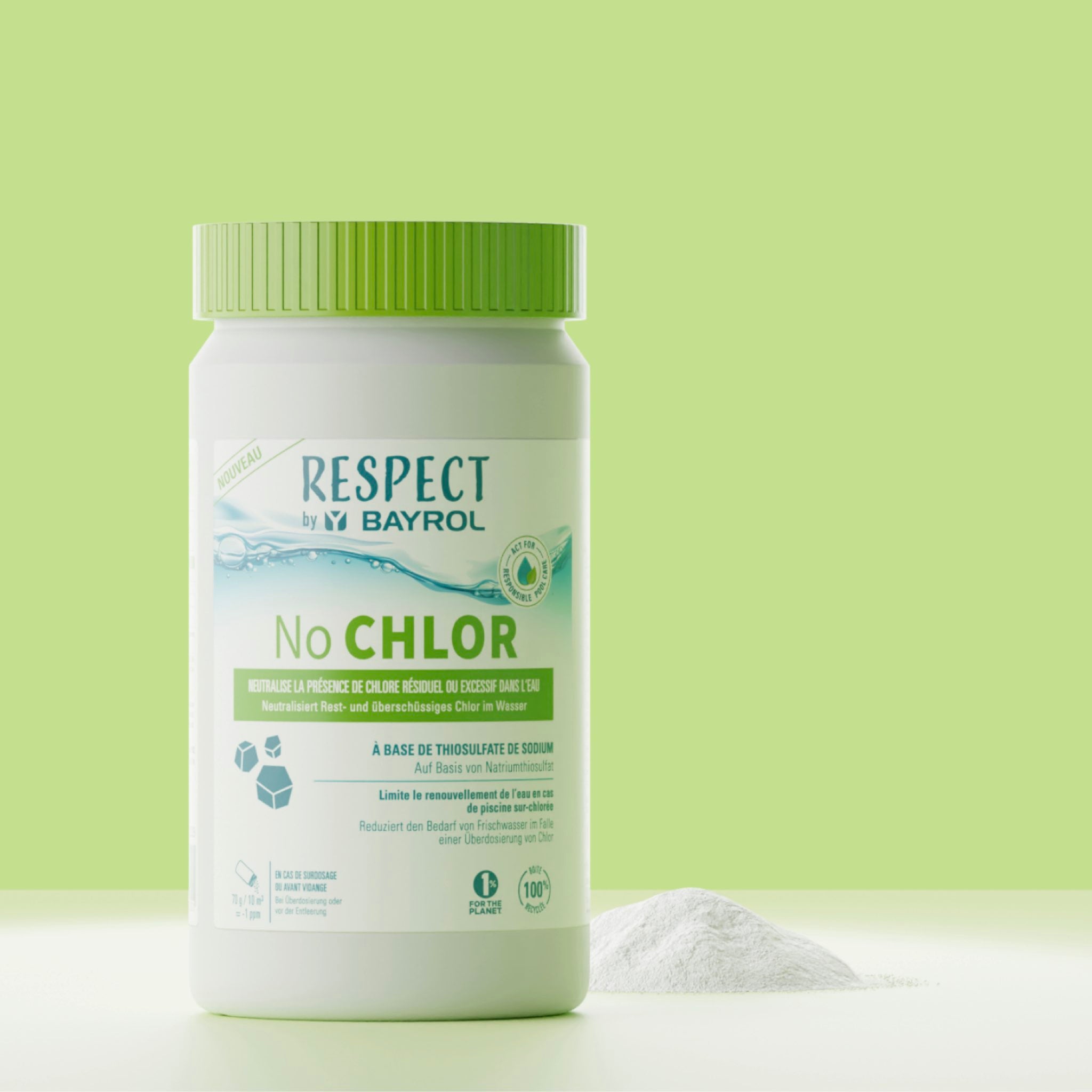 BAYROL Respect No Chlor – Produktfoto der Dose vor grünem Hintergrund