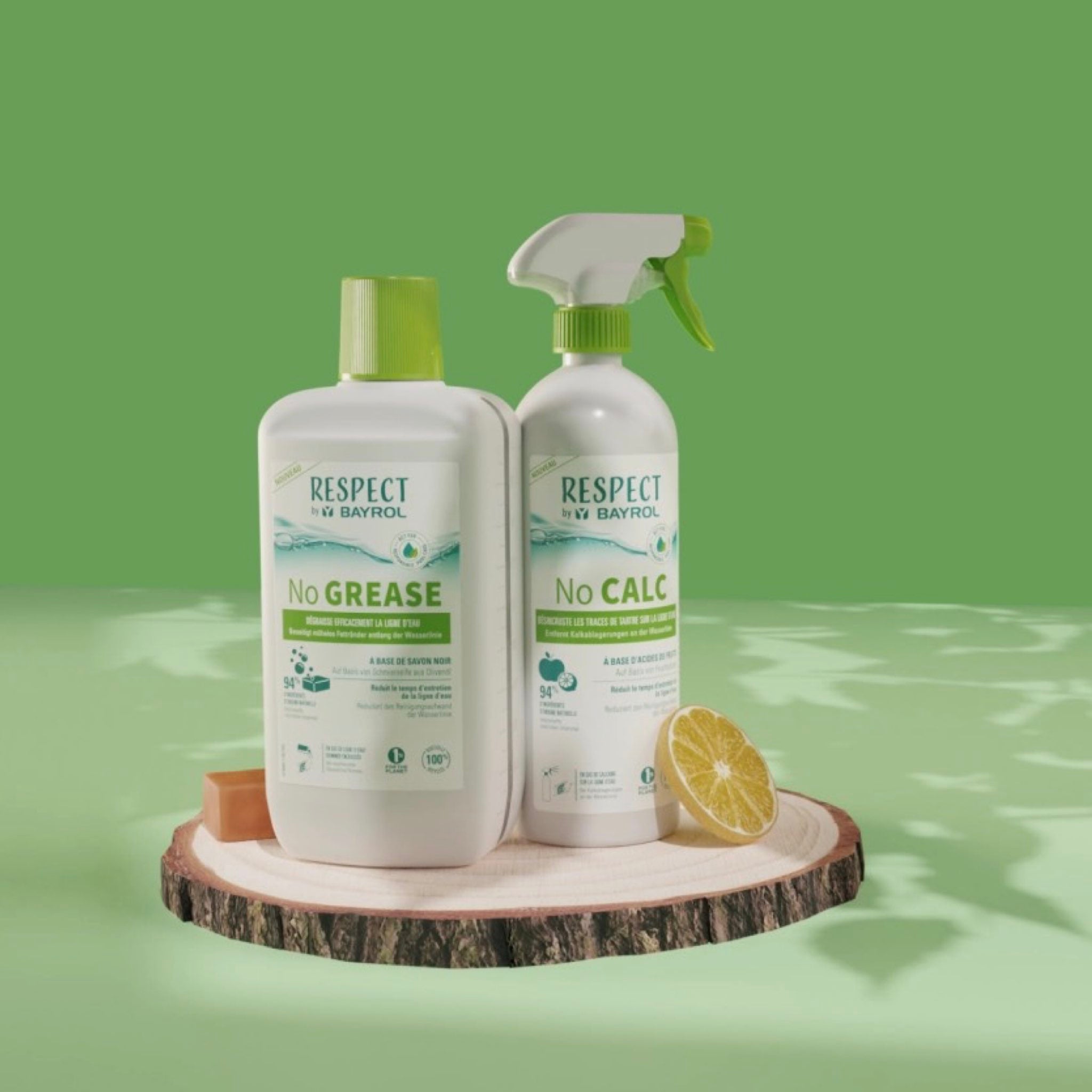 BAYROL Respect Serie – No GREASE 1 L und No CALC im Studio-Set mit Zitrone