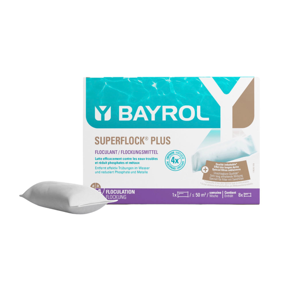 Alt-Text: BAYROL Superflock Plus Packung mit Flockkartusche vor weißem Hintergrund