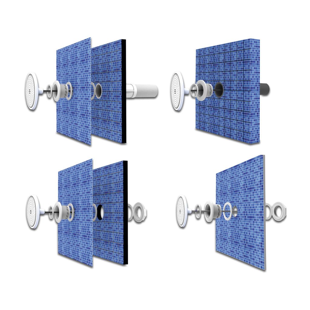 Einbaudarstellung der FLOTIDE LED-Poolleuchte mit 1½-Zoll-Fitting für verschiedene Poolwand- und Beckenaufbauten