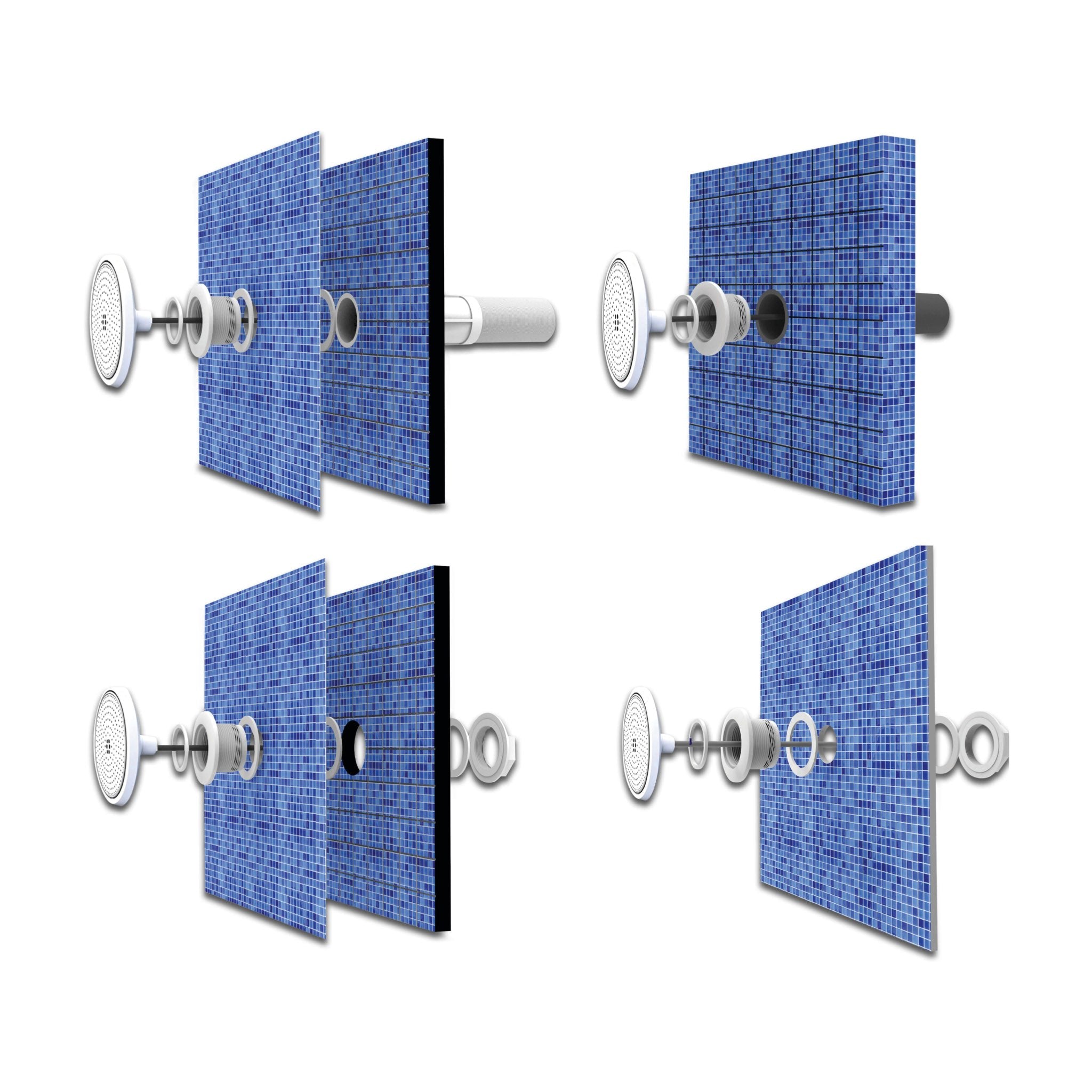 Einbaudarstellung der FLOTIDE LED-Poolleuchte mit 1½-Zoll-Fitting für verschiedene Poolwand- und Beckenaufbauten