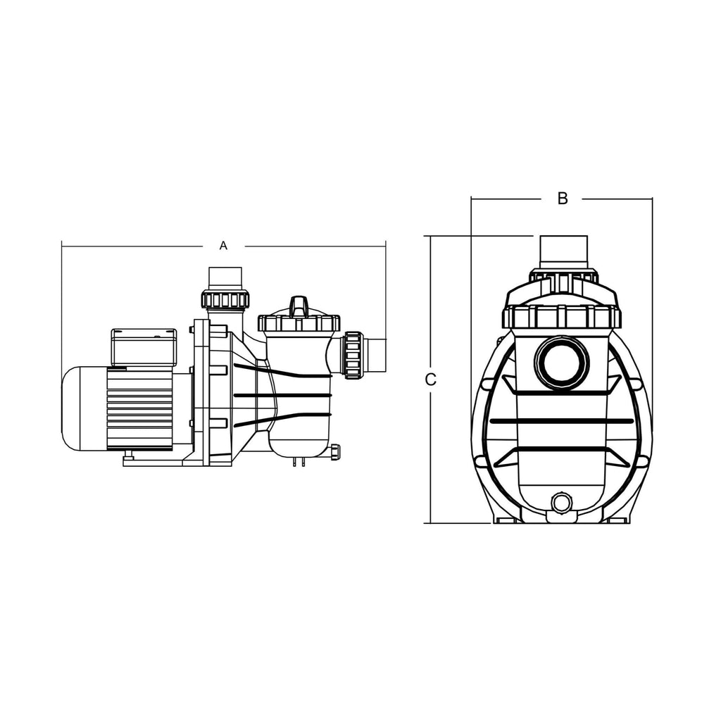 Technische Zeichnung der FLOTIDE Schwimmbadpumpe SS020, SS033, SS050 und SS075 mit Maßangaben und Anschlussmaßen