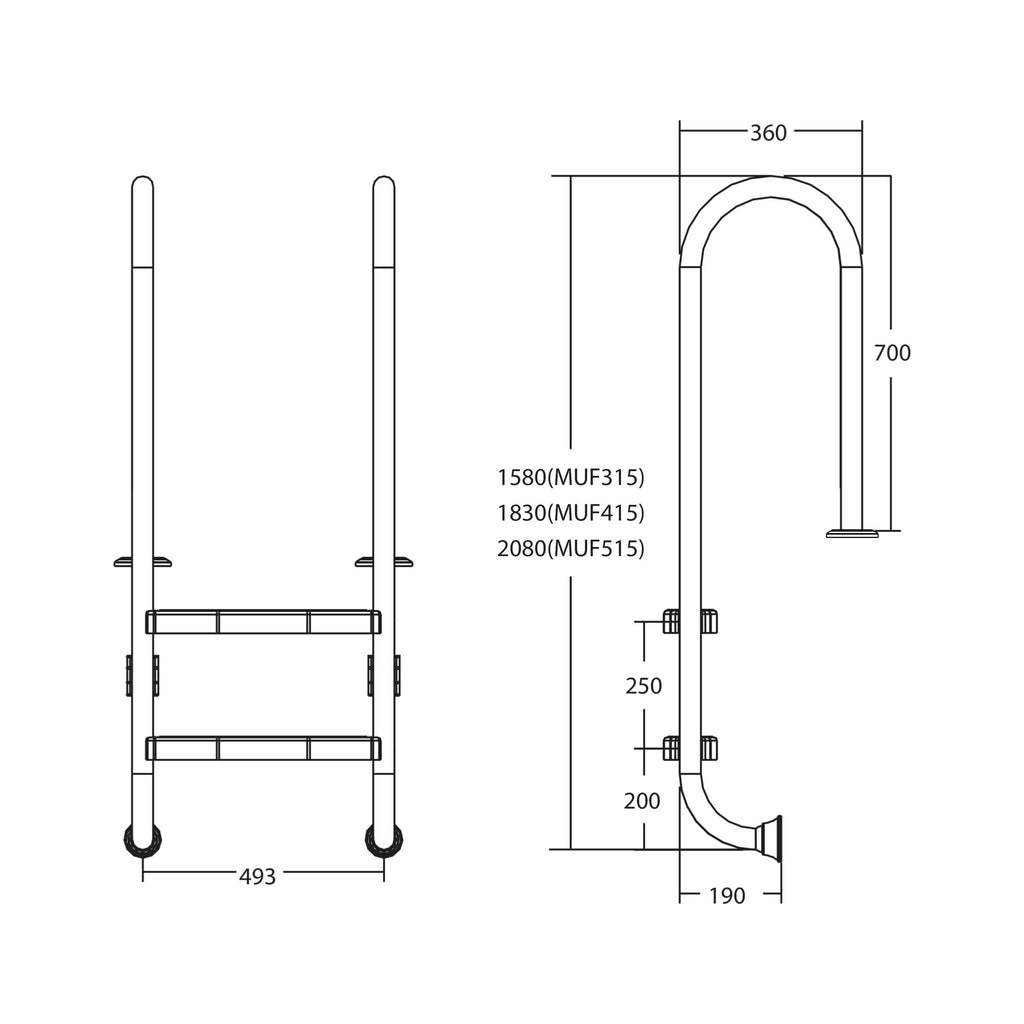 Technische Zeichnung der Flotide Tiefenbeckenleiter im schlanken Modell mit Maßangaben und Variantenlängen