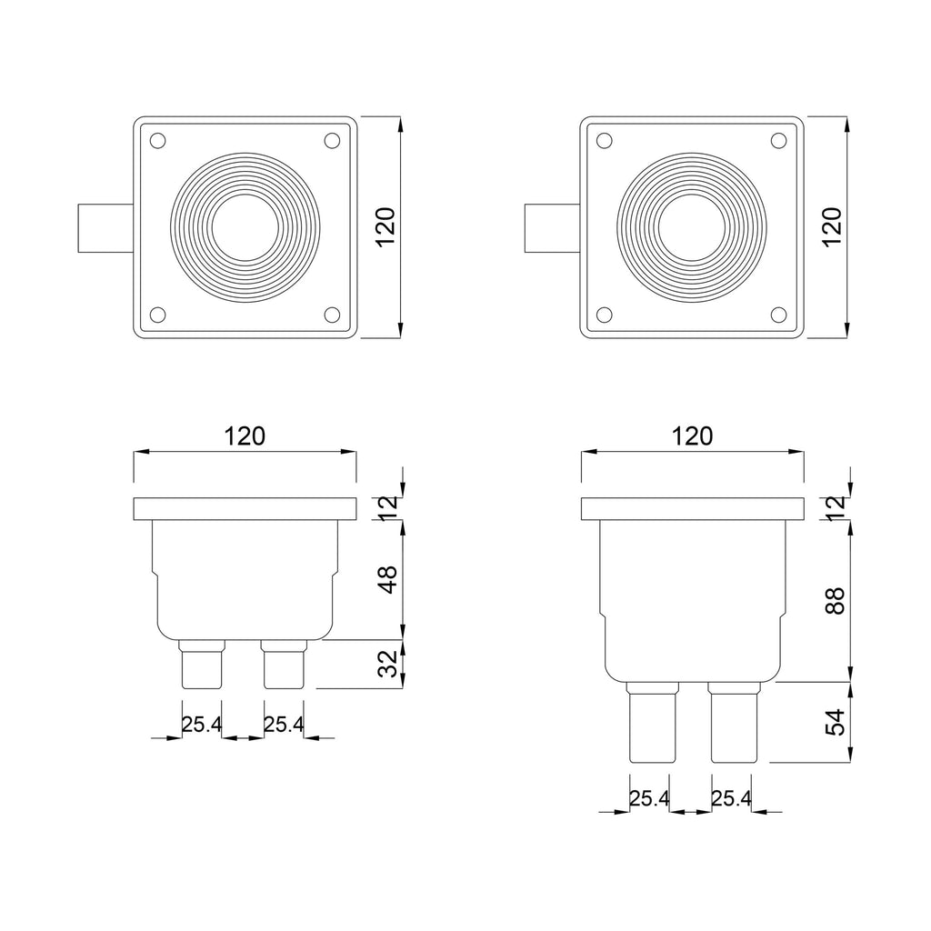 Technische Zeichnung der Ocean Anschlussbox mit 120 mm Frontmaß und H 100 mm