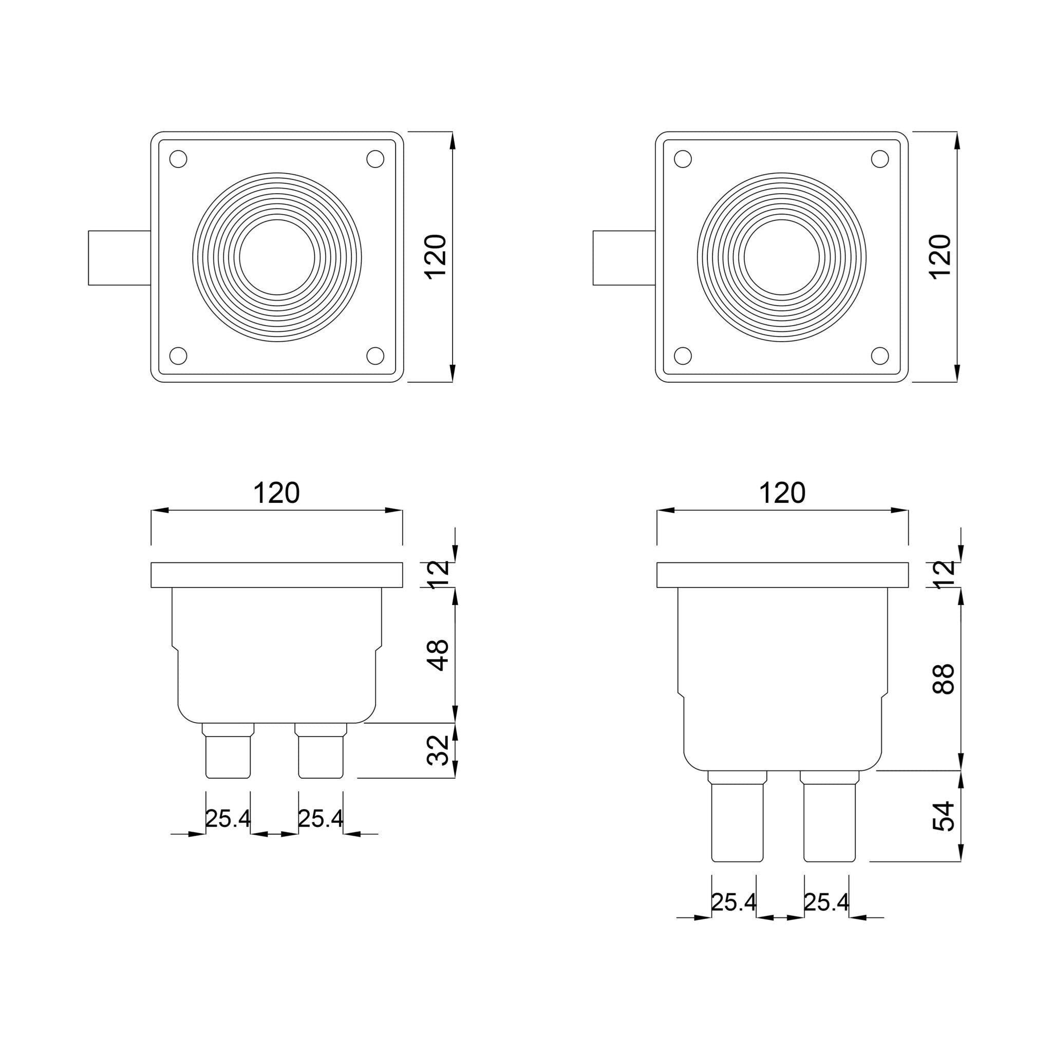 Technische Zeichnung der Ocean Anschlussbox mit 120 mm Frontmaß und H 100 mm